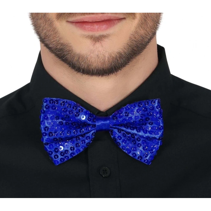 Gece Işıltısı Mavi Payetli Pullu Papyon 7x2 cm