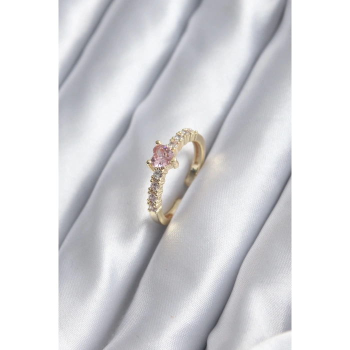 Gold Renk Zirkon Taşlı Pembe Kristal Kalp Model Kadın Yüzük