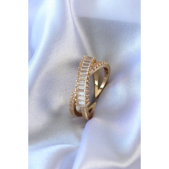 Gold Renk Zirkon Taşlı Pirinç Kadın Yüzük