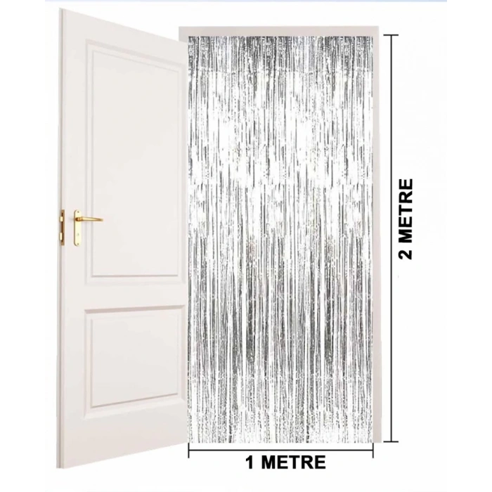 Gümüş Renk Ekstra Metalize Parlak Saçaklı Arka Fon Perde İthal  1x2 Metre