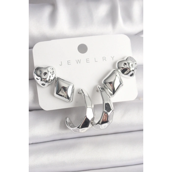 Gümüş Renk Kalp Halka Figür CCB Plastik Kadın Küpe Seti