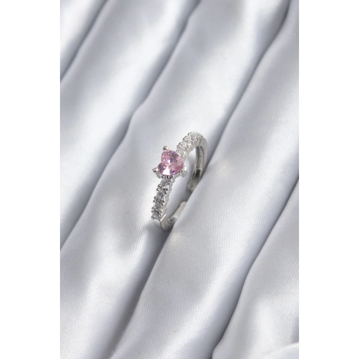 Gümüş Renk Zirkon Taşlı Pembe Kristal Kalp Model Kadın Yüzük