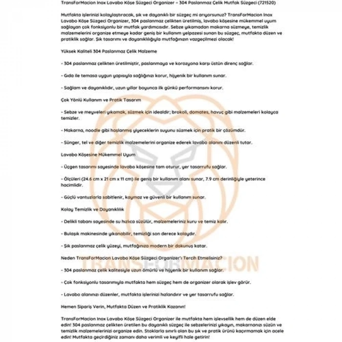 Inox Lavabo Köşe Süzgeci Organizer 304 Paslanmaz Çelik