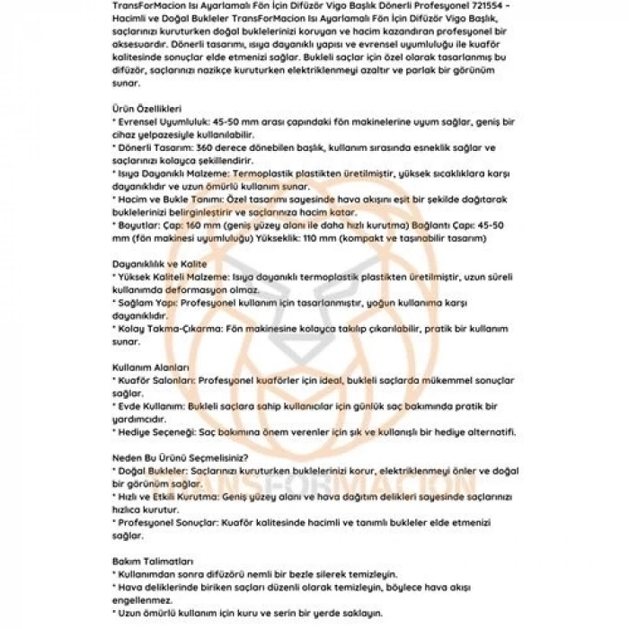 Isı Ayarlamalı Fön Için Difüzör Vigo Başlık Dönerli Profesyonel