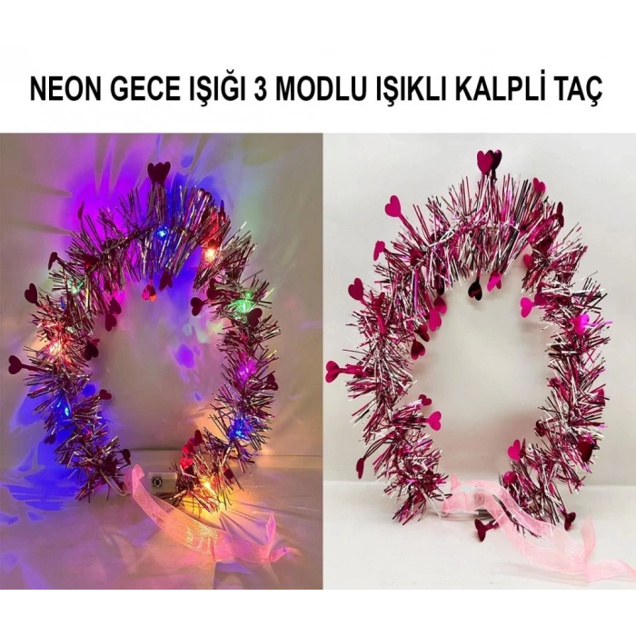 Kalp Püsküllü Gece Parıltısı 3 Modlu LED&#39;li Işıklı Taç Fuşya Renk