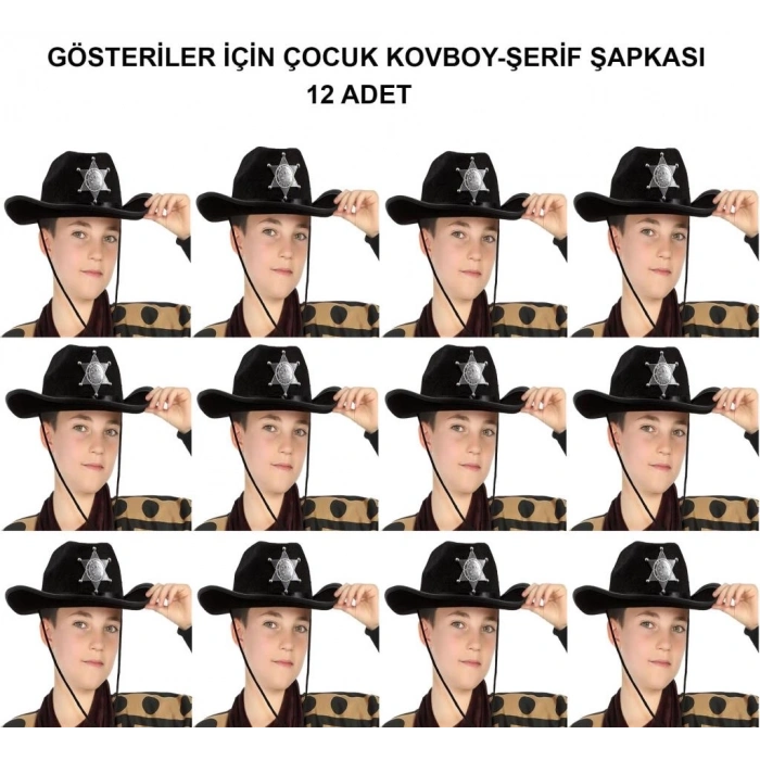 Kovboy Şerif Şapkası Siyah 12 Adet - Kostüm, Parti ve Gösteri Şapkası