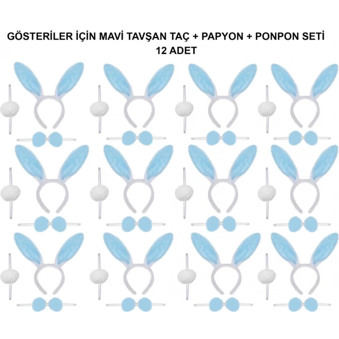 Mavi Tavşan Kostüm Seti – Taç, Papyon, Ponpon (12’li Paket)