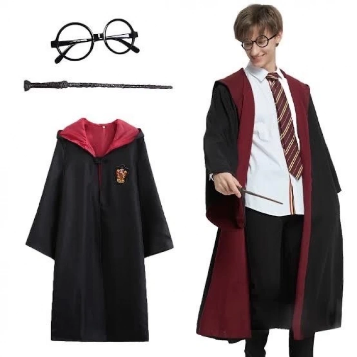 Nessiworld Harry Potter Gryffindor Kapişonlu Çocuk Kostüm + Asa + Gözlük Seti 5-6 Yaş