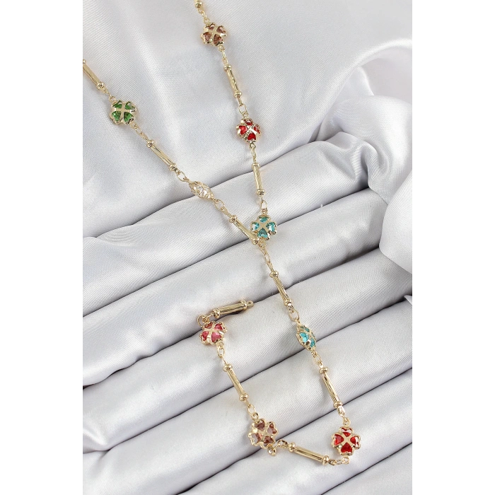 Pirinç Asorti Kalpli Yonca Model Gold Renk Zirkon Taşlı Y Kolye