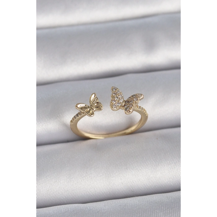 Pirinç Gold Renk Ayarlanabilir Zirkon Taşlı Kelebek Model Kadın Yüzük