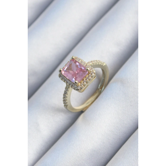 Pirinç Gold Renk Pembe Zirkon Taşlı Kadın Yüzük