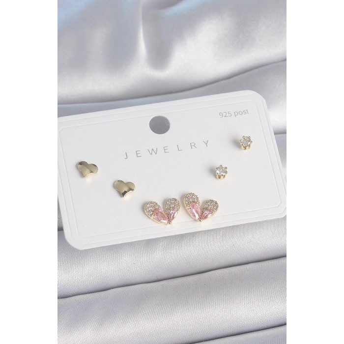 Pirinç Gold Renk Pembe Zirkon Taşlı Kalp Model 925 Ayar Gümüş Çivi Kadın Küpe Seti