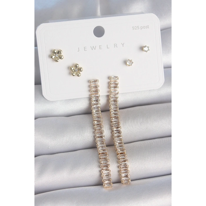 Pirinç Gold Renk Su Yolu Zirkon Taşlı Sallantı Model Çiçek Detay 925 Ayar Gümüş Çivi Kadın Küpe Seti