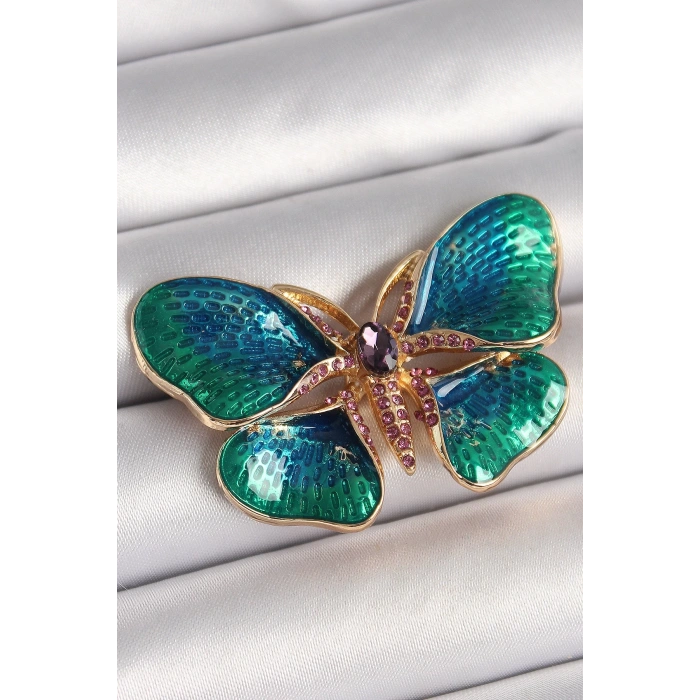 Pirinç Gold Renk Turquaz Model Zirkon Taş Detaylı Kelebek Model Kadın Broş