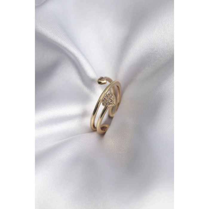 Pirinç Gold Renk Zirkon Taş Detay Kalp Model Kadın Yüzük