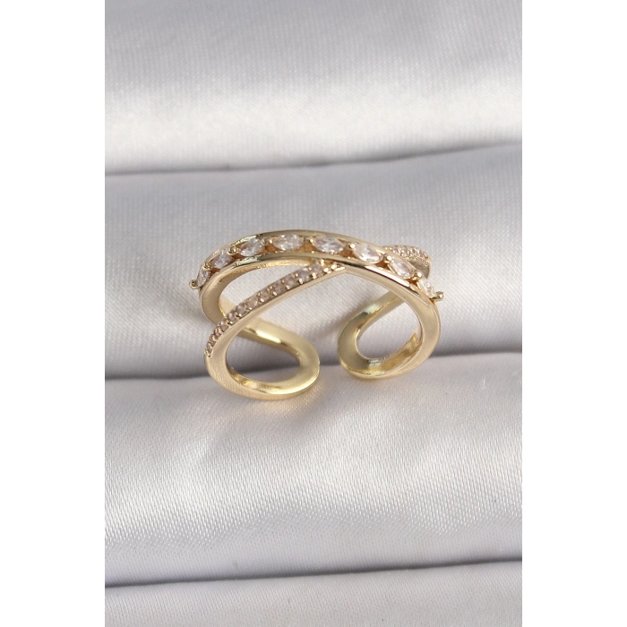 Pirinç Gold Renk Zirkon Taşlı Ayarlanabilir Kadın Yüzük