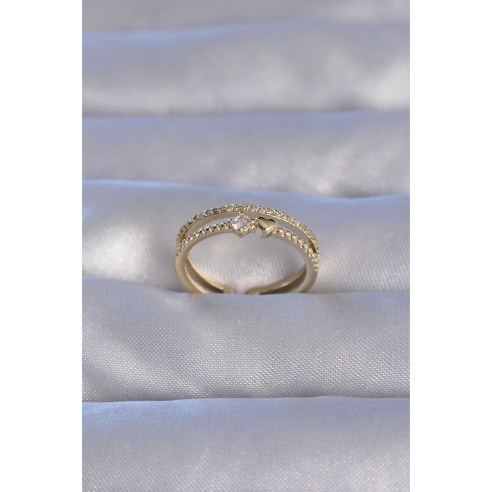 Pirinç Gold Renk Zirkon Taşlı Kalpli Su Yolu Model Ayarlanabilir Yüzük