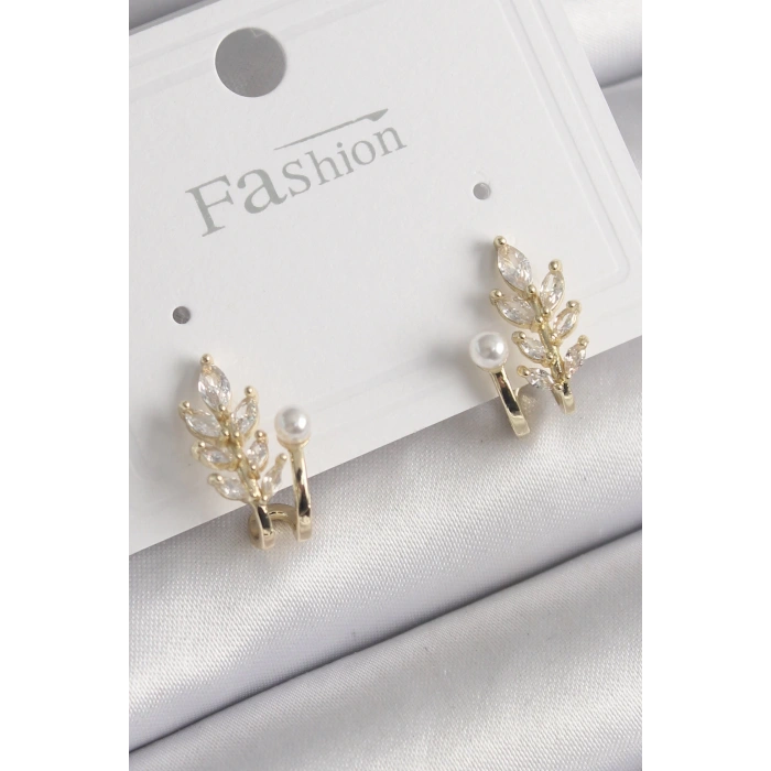 Pirinç Gold Renk Zirkon Taşlı Yaprak Model İnci Detay Küpe