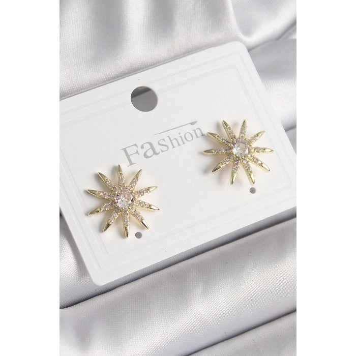 Pirinç Gold Renk Zirkon Taşlı Yıdız Model Kadın Küpe