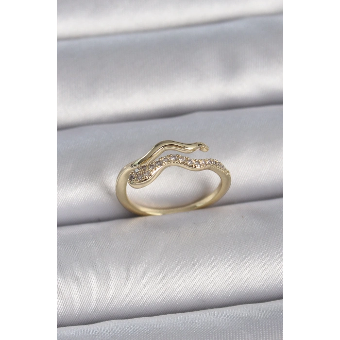 Pirinç Gold Renk Zirkon Taşlı Yılan Ayarlanabilir Model Kadın Yüzük