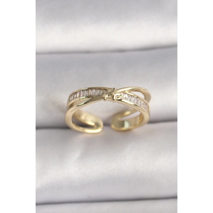 Pirinç Gold Renk Zirkon Taşlı Yıldız Detaylı Ayarlanabilir Kadın Yüzük