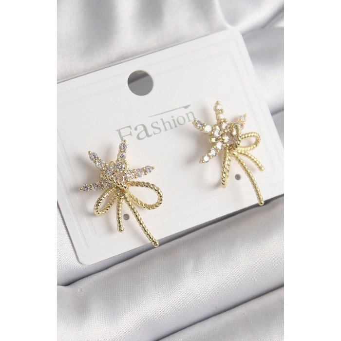 Pirinç Gold Renk Zirkon Taşlı Yıldız Düğüm Model Kadın Küpe