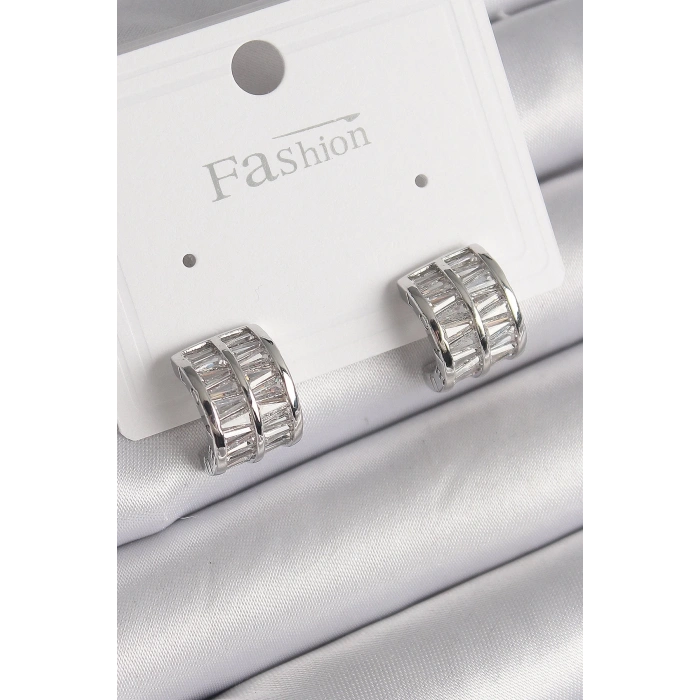 Pirinç Gümüş Renk Çift Sıra Zirkon Taşlı Kadın Küpe