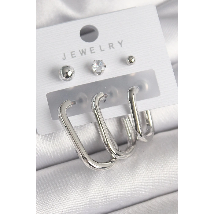 Pirinç Gümüş Renk Halka Model Zirkon Taşlı Topçuk Detay Kadın Küpe Seti