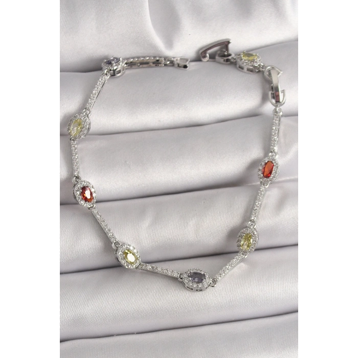 Pirinç Gümüş Renk Renkli Zirkon Taşlı Damla Taş Model Kadın Bileklik