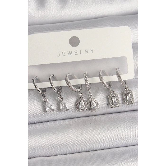 Pirinç Gümüş Renk Sallantı Zirkon Taşlı Damla Model Kadın Küpe Seti