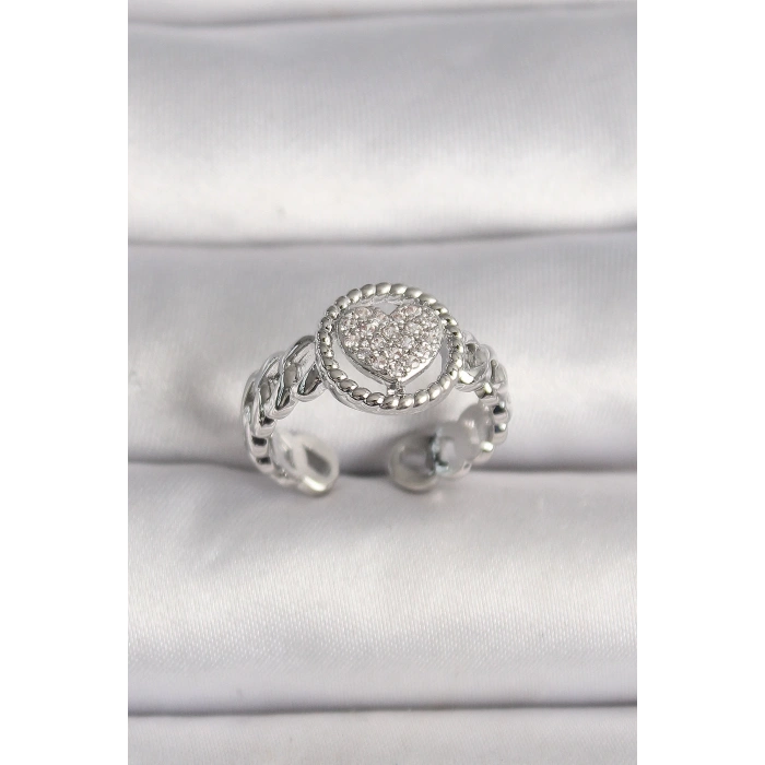 Pirinç Gümüş Renk Zincir Model Zirkon Taşlı Kalp Model Kadın Yüzük