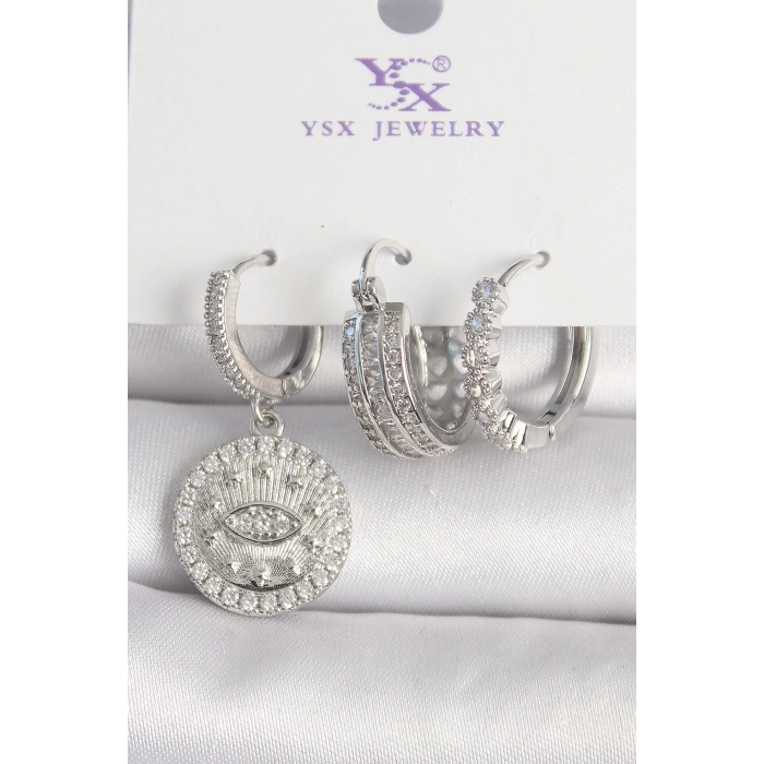 Pirinç Gümüş Renk Zirkon Taşlı Göz İşlemeli Halka Model 3Lü Kadın Kombin Küpe