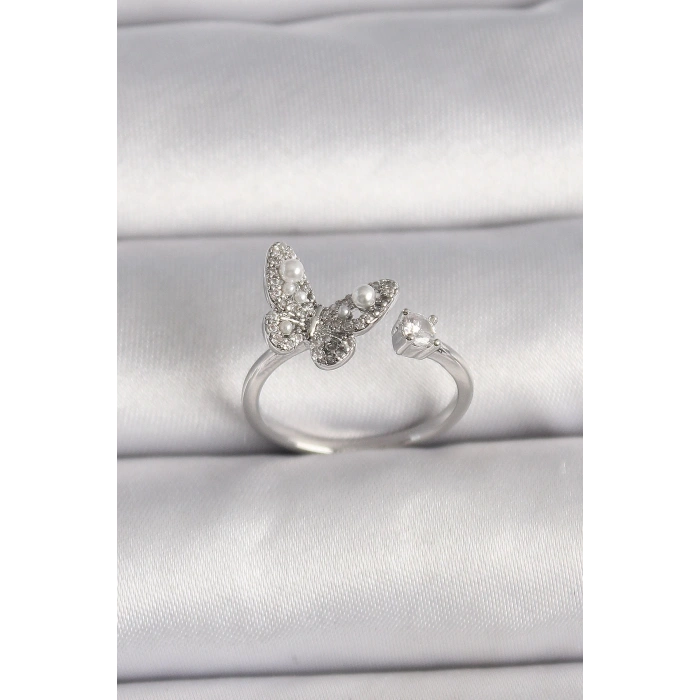 Pirinç Gümüş Renk Zirkon Taşlı Kelebek Model İnci Detay Ayarlanabilir Yüzük