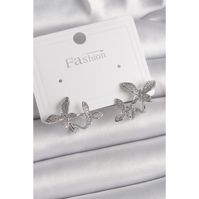 Pirinç Gümüş Renk Zirkon Taşlı Kelebek Model Kadın Küpe