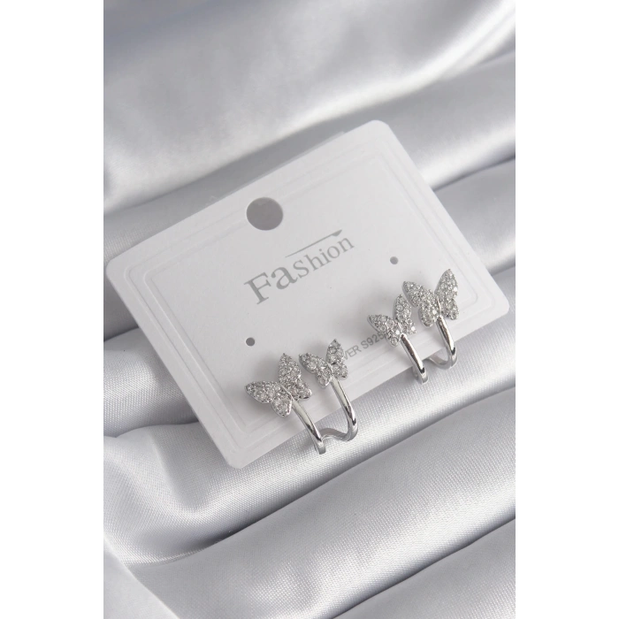 Pirinç Gümüş Renk Zirkon Taşlı Kelebek Model Kadın Küpe