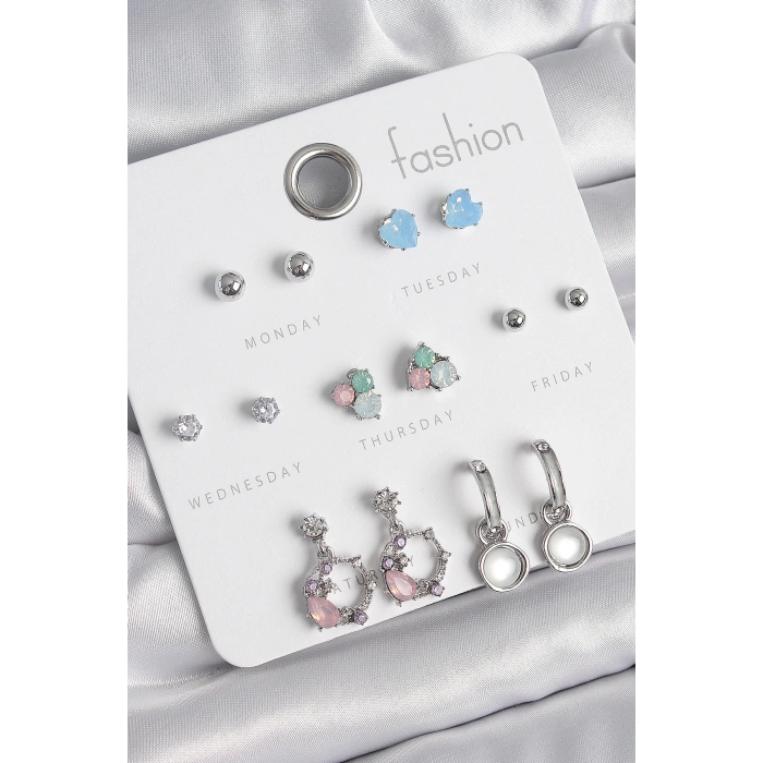 Pirinç Gümüş Renk Zirkon Taşlı Sallantı Halka Model Çiçek Detay 7 Çift Kadın Küpe Seti