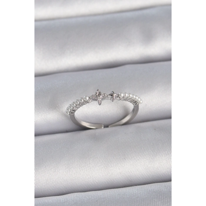 Pirinç Gümüş Renk Zirkon Taşlı Sıralı İnci Ayarlanabilir Model Kadın Yüzük