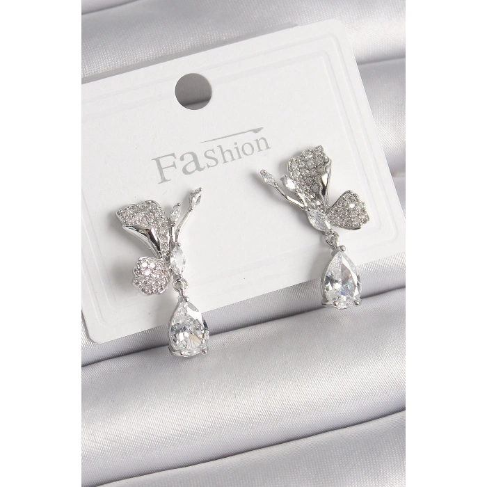 Pirinç Gümüş Renk Zirkon Taşlı Turna Kuşu Model Sallantı Detay Kadın Küpe