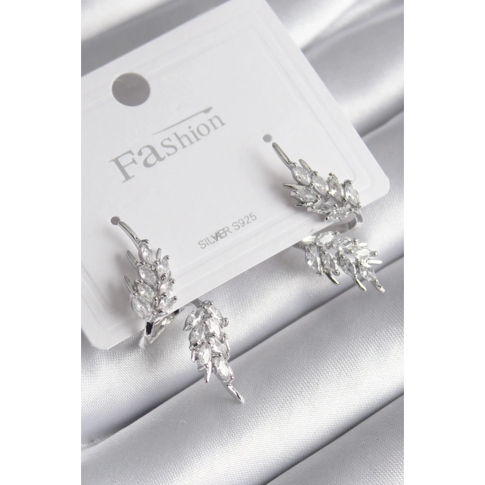 Pirinç Gümüş Renk Zirkon Taşlı Yaprak Model Kadın Küpe