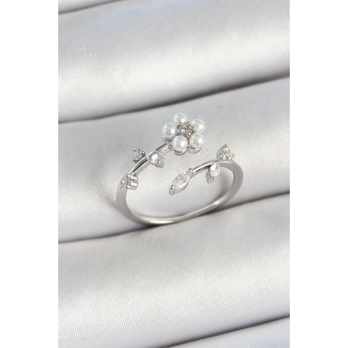 Pirinç İnci Detaylı Papatya Figürlü Zirkon Taşlı Gümüş Renk Ayarlanabilir Kadın Yüzük