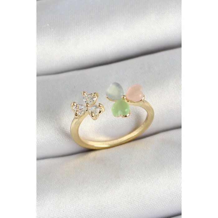 Pirinç Kalp Figürlü Zirkon Taşlı Gold Renk Ayarlanabilir Kadın Yüzük