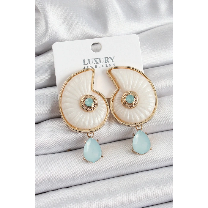 Pirinç Sedef Deniz Kabuğu Figürlü Zirkon Taşlı Gold Renk Kadın Küpe