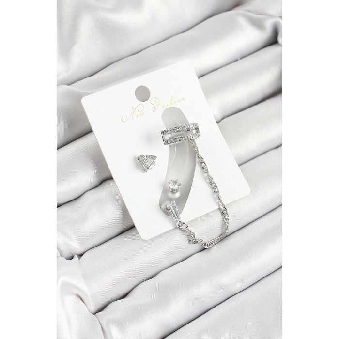 Pirinç Üçgen Figürlü Zirkon Taşlı Gümüş Renk 3lü Kıkırdak Kadın Küpe Set