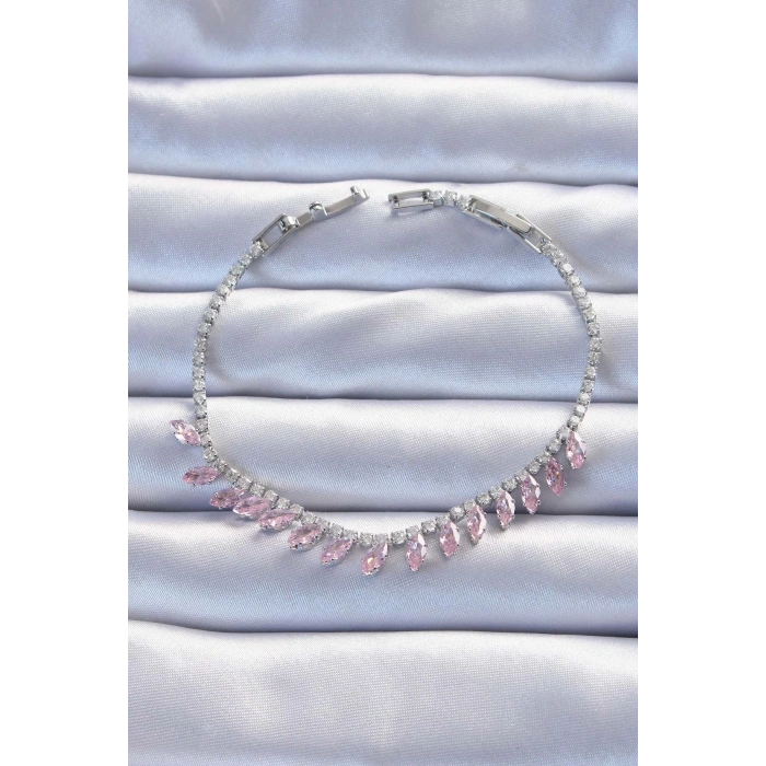 Pirinç Vip Seri Gümüş Renk Pembe Zirkon Taşlı Bileklik