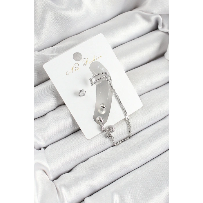 Pirinç Yılan Figürlü Zirkon Taşlı Gümüş Renk 3lü Kıkırdak Kadın Küpe Set