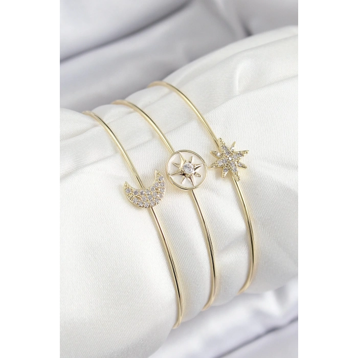 Pirinç Zirkon Taşlı Ay Ve Kutup Yıldızı Model Gold Renk Vip 3lü Kadın Bileklik