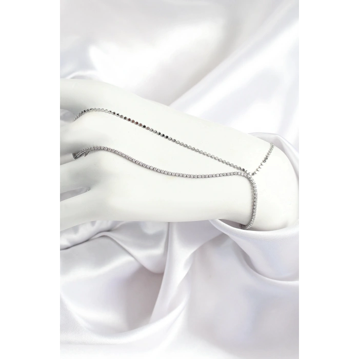 Pirinç Zirkon Taşlı Ezme Zincir Model Gümüş Renk Kadın Şahmeran