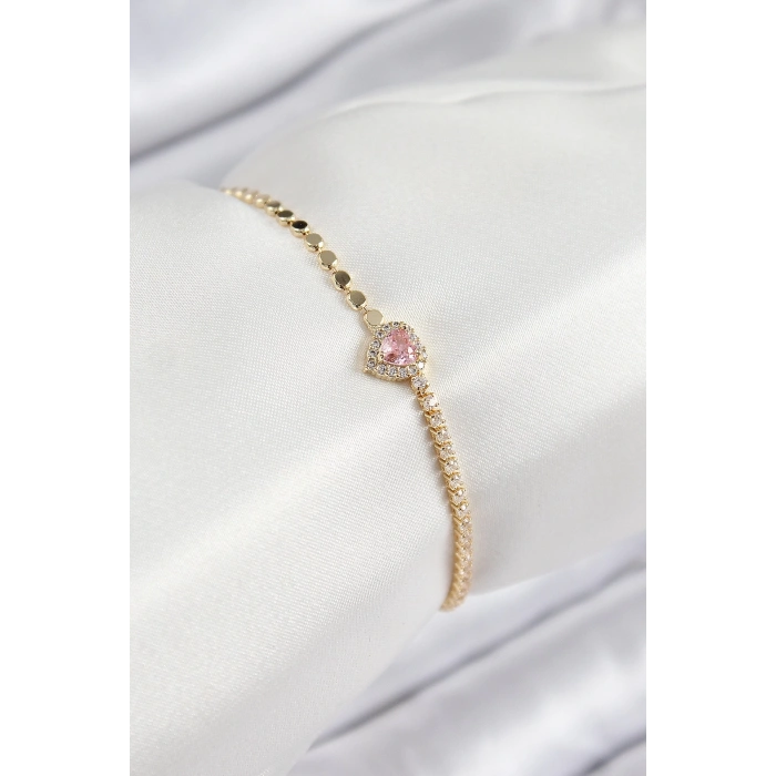 Pirinç Zirkon Taşlı Kalp Model Ezme Zincir Gold Renk Kadın Bileklik