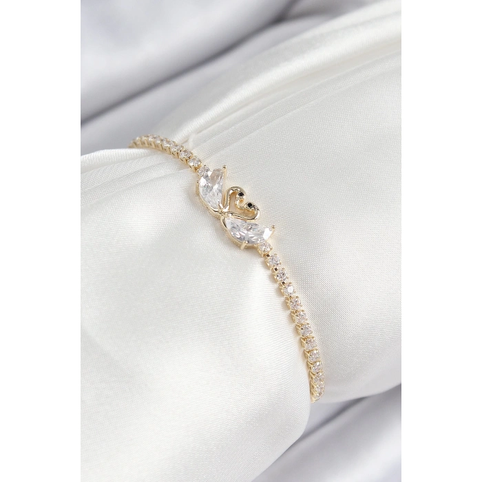 Pirinç Zirkon Taşlı Kuğu Model Gold Renk Asansörlü Kadın Bileklik