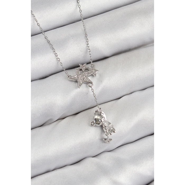 Pirinç Zirkon Taşlı Sallantılı Ayıcıklı Yıldız Model Gümüş Renk Kadın Kolye